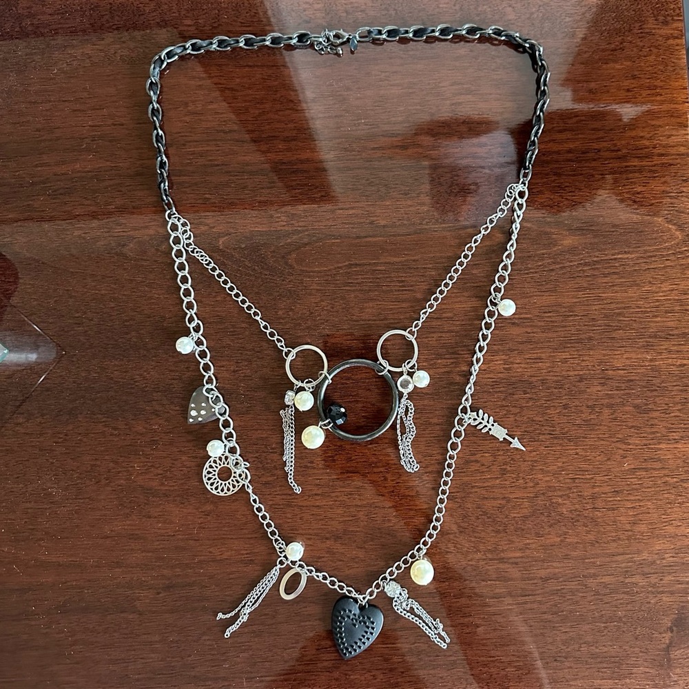2-Strand Charm Necklace Mixed Material Chain Pearls